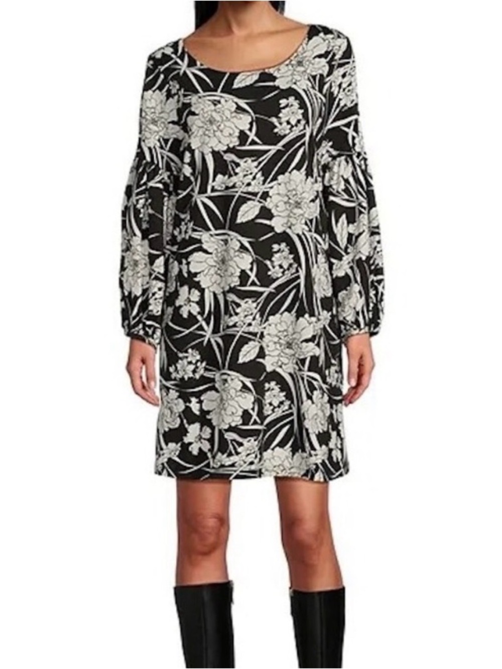 bryn Walker Black & White Floral Long-Sleeve Shift Dress